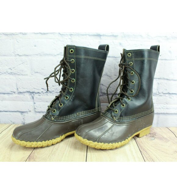 LL Bean Black Leather Lace Up Round Toe Unlined Mid Calf Duck Boots Size 7 M - Picture 2 of 9